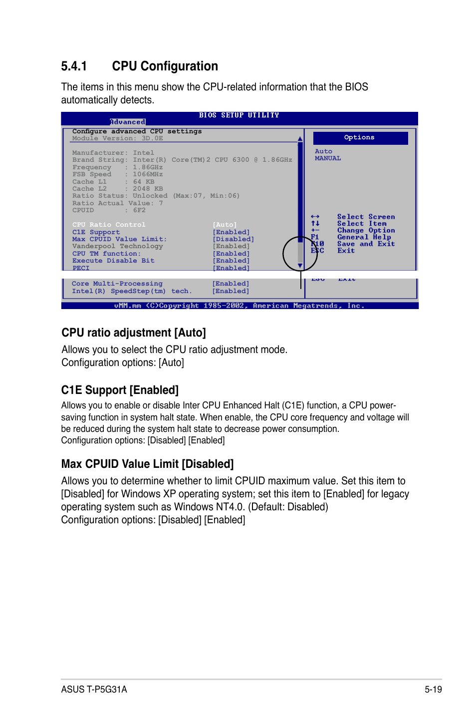 1 cpu configuration, Cpu ratio adjustment [auto, C1e support [enabled | Max cpuid value limit [disabled | Asus T4-P5G31A User Manual | Page 71 / 94