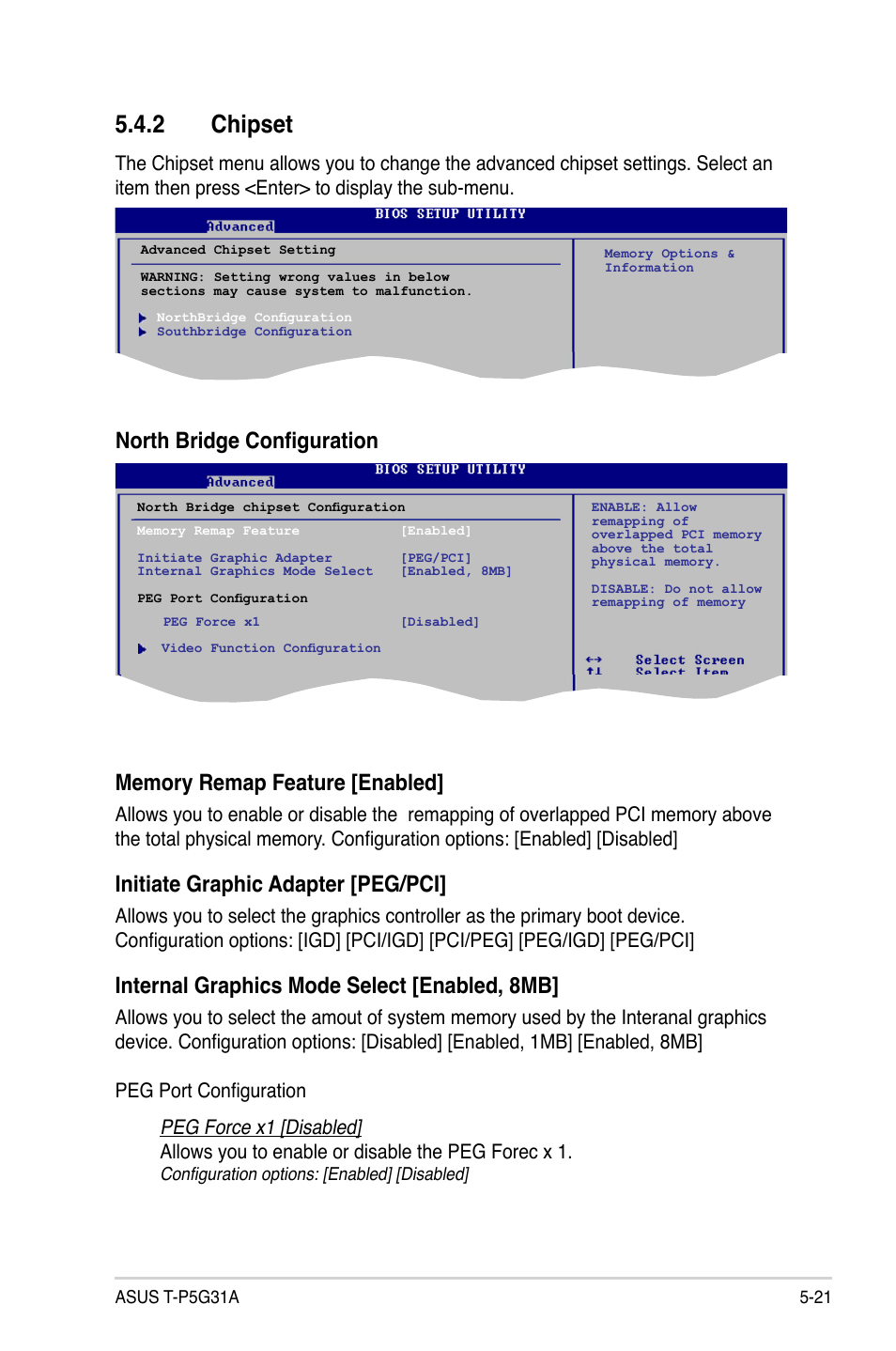 2 chipset, Initiate graphic adapter [peg/pci, Internal graphics mode select [enabled, 8mb | Asus T4-P5G31A User Manual | Page 73 / 94