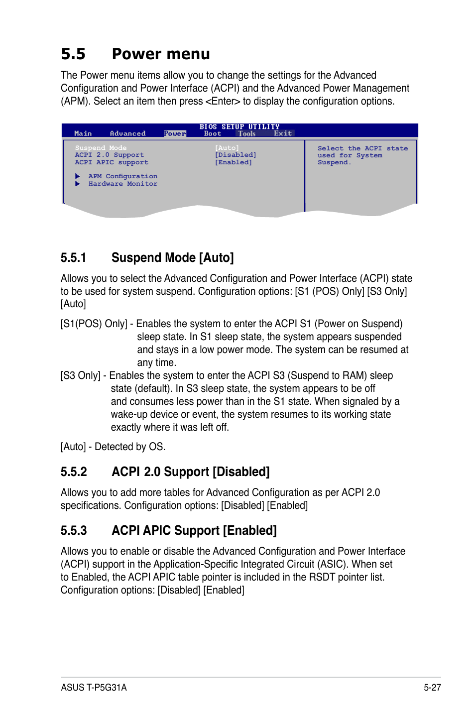 5 power menu, 1 suspend mode [auto, 2 acpi 2.0 support [disabled | 3 acpi apic support [enabled, 2 acpi, 0 support [disabled | Asus T4-P5G31A User Manual | Page 79 / 94