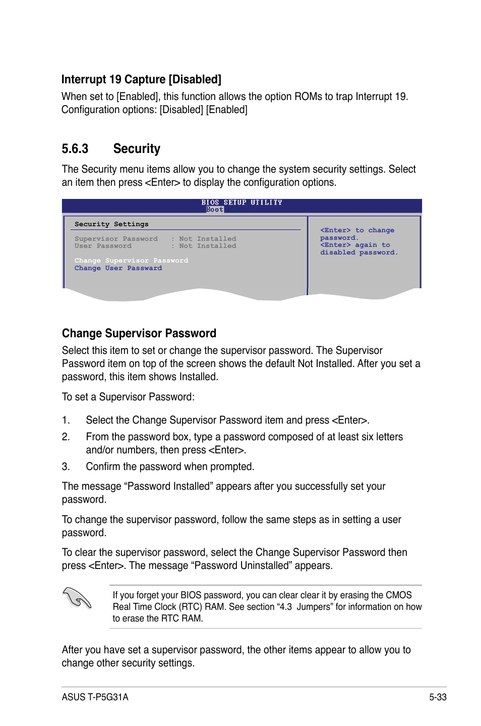 3 security, Interrupt 19 capture [disabled, Change supervisor password | Asus T4-P5G31A User Manual | Page 85 / 94