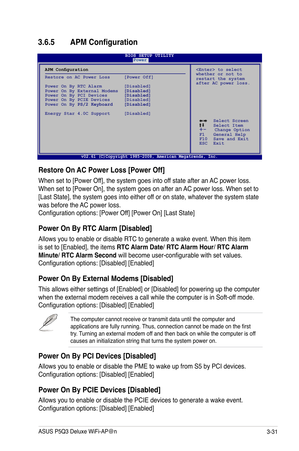 5 apm configuration, Apm configuration -31, Restore on ac power loss [power off | Power on by rtc alarm [disabled, Power on by external modems [disabled, Power on by pci devices [disabled, Power on by pcie devices [disabled | Asus P5Q3 Deluxe/WiFi-AP @n User Manual | Page 101 / 190