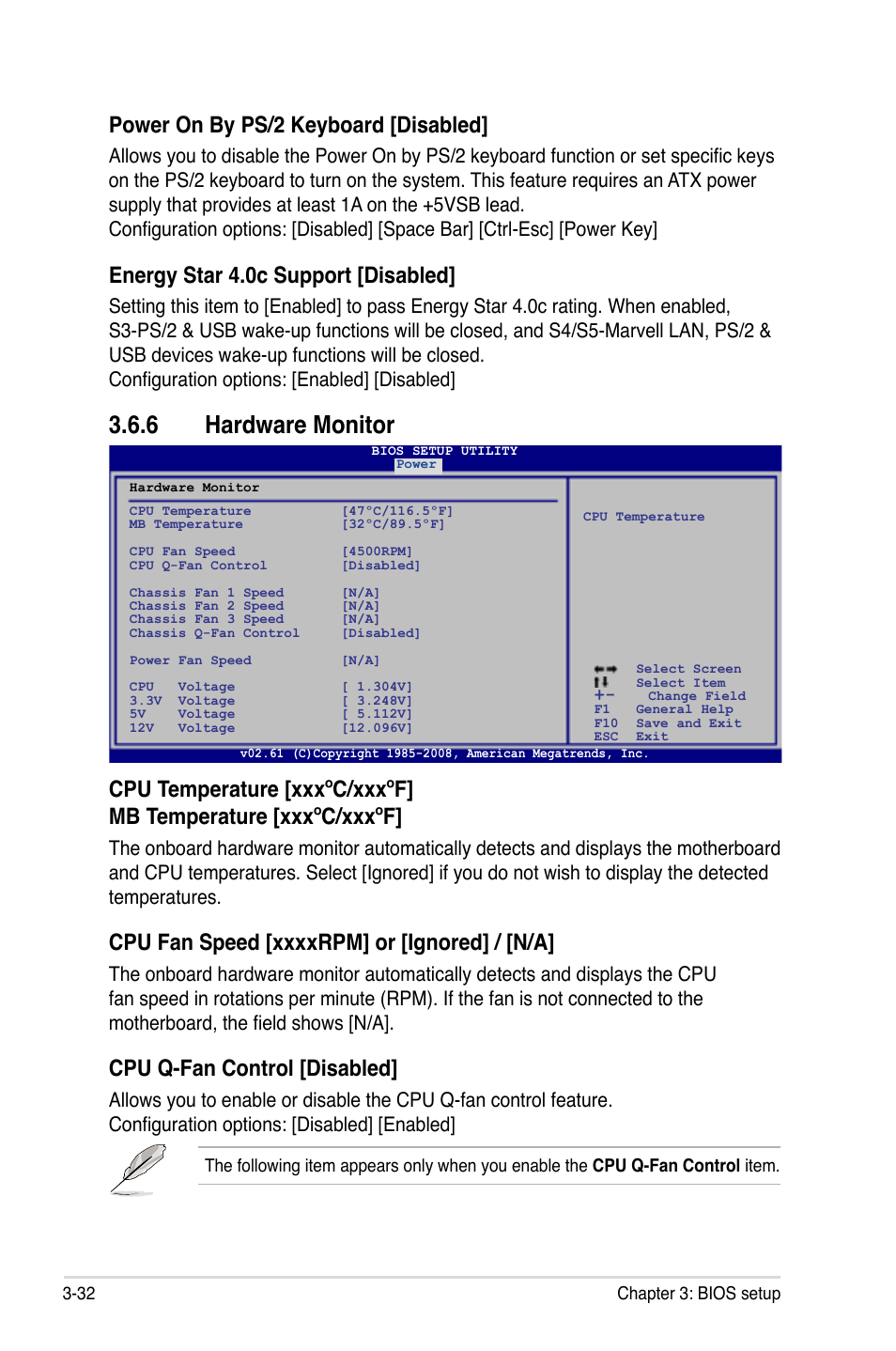 6 hardware monitor, Hardware monitor -32, Power on by ps/2 keyboard [disabled | Energy star 4.0c support [disabled, Cpu q-fan control [disabled | Asus P5Q3 Deluxe/WiFi-AP @n User Manual | Page 102 / 190