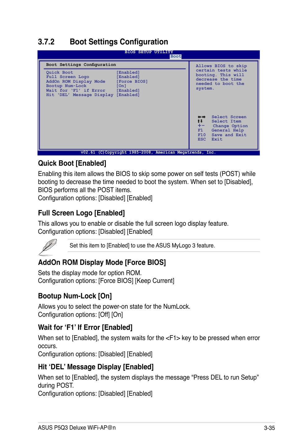 2 boot settings configuration, Boot settings configuration -35, Quick boot [enabled | Full screen logo [enabled, Addon rom display mode [force bios, Bootup num-lock [on, Wait for ‘f1’ if error [enabled, Hit ‘del’ message display [enabled | Asus P5Q3 Deluxe/WiFi-AP @n User Manual | Page 105 / 190