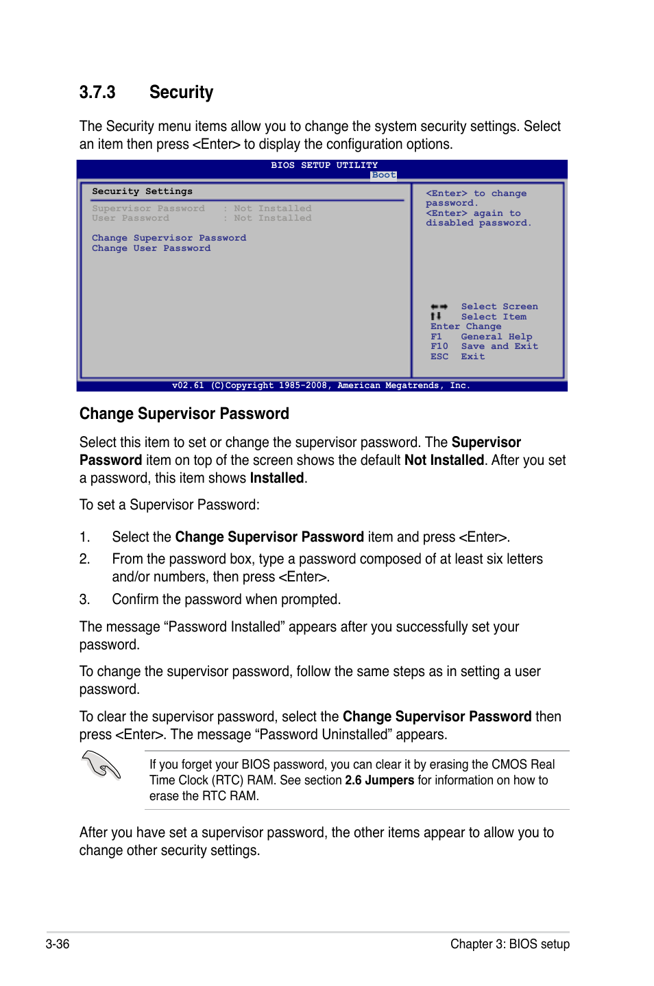 3 security, Security -36, Change supervisor password | Asus P5Q3 Deluxe/WiFi-AP @n User Manual | Page 106 / 190