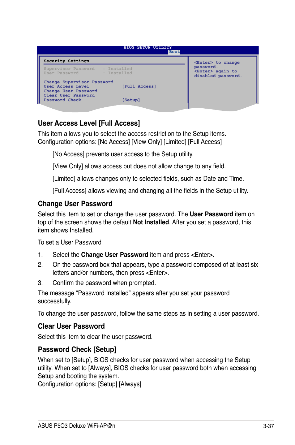 User access level [full access, Change user password, Clear user password | Password check [setup | Asus P5Q3 Deluxe/WiFi-AP @n User Manual | Page 107 / 190