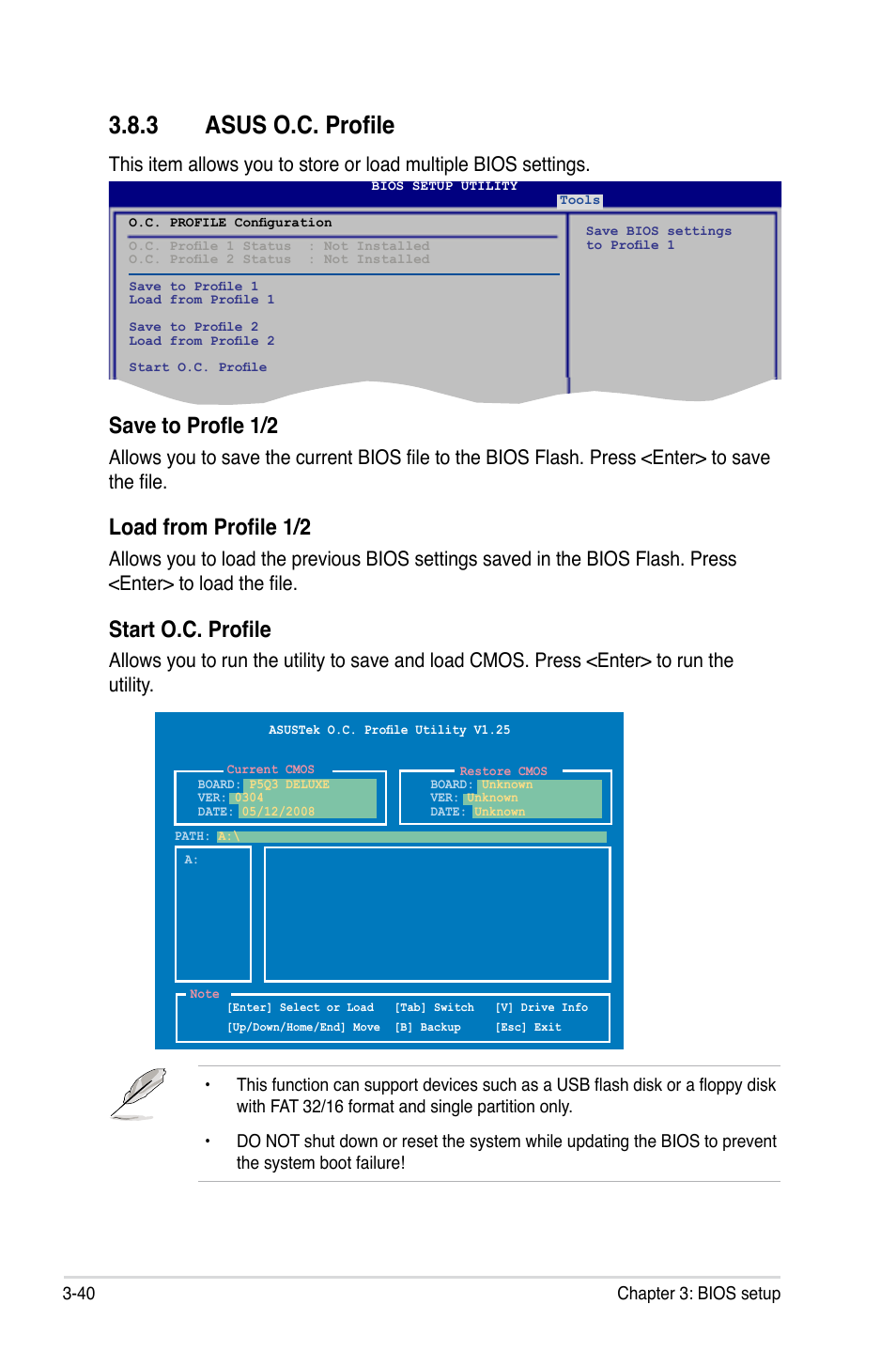 3 asus o.c. profile, Asus o.c. profile -40, Save to profle 1/2 | Load from profile 1/2, Start o.c. profile | Asus P5Q3 Deluxe/WiFi-AP @n User Manual | Page 110 / 190