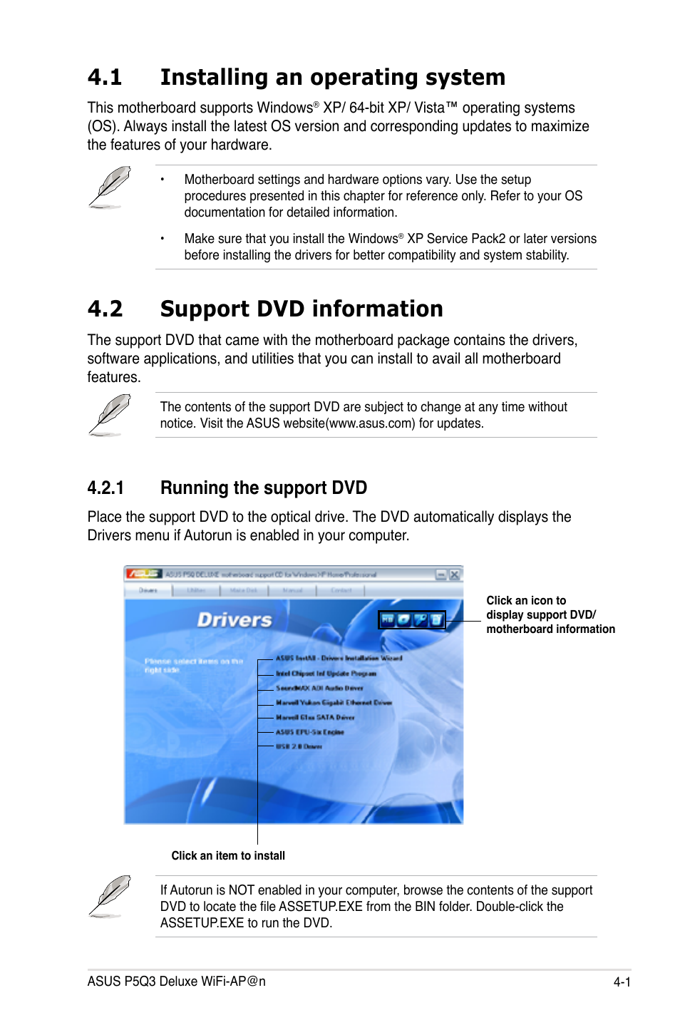 1 installing an operating system, 2 support dvd information, 1 running the support dvd | Installing an operating system -1, Support dvd information -1 4.2.1, Running the support dvd -1 | Asus P5Q3 Deluxe/WiFi-AP @n User Manual | Page 115 / 190
