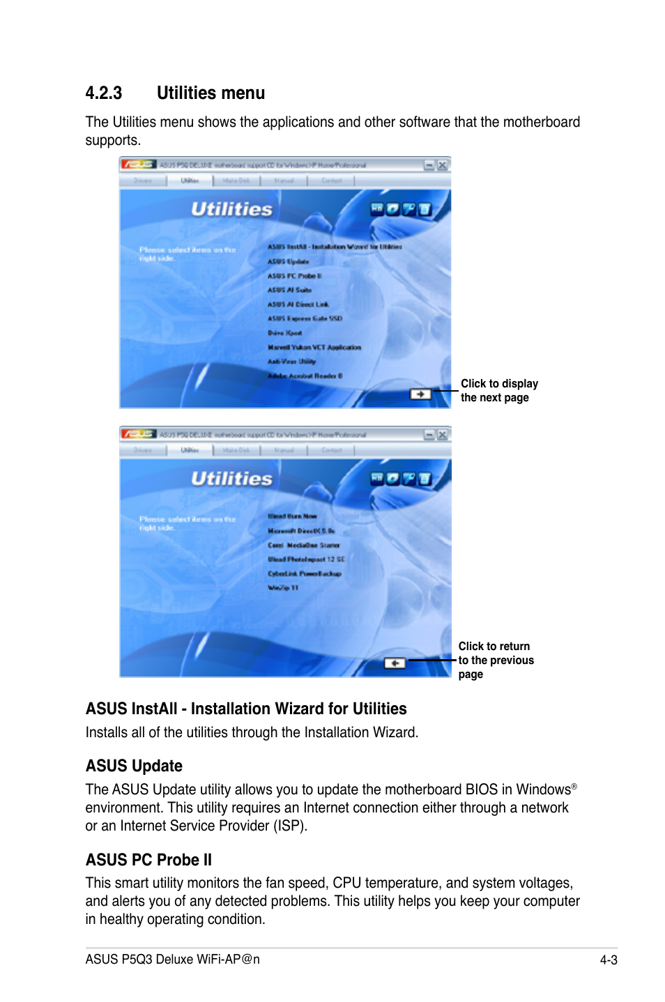 3 utilities menu, Utilities menu -3, Asus install - installation wizard for utilities | Asus update, Asus pc probe ii | Asus P5Q3 Deluxe/WiFi-AP @n User Manual | Page 117 / 190