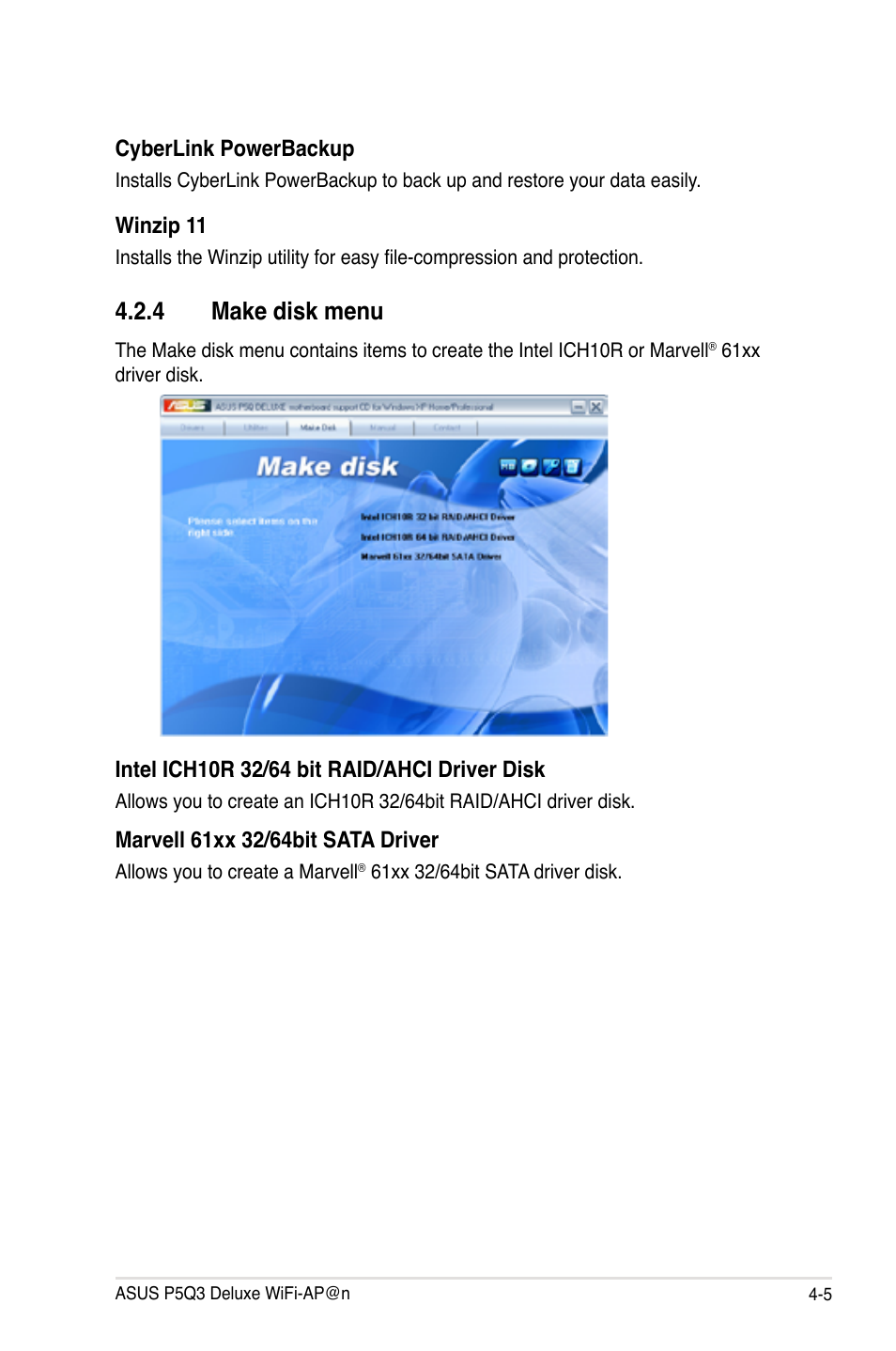 4 make disk menu, Make disk menu -5 | Asus P5Q3 Deluxe/WiFi-AP @n User Manual | Page 119 / 190