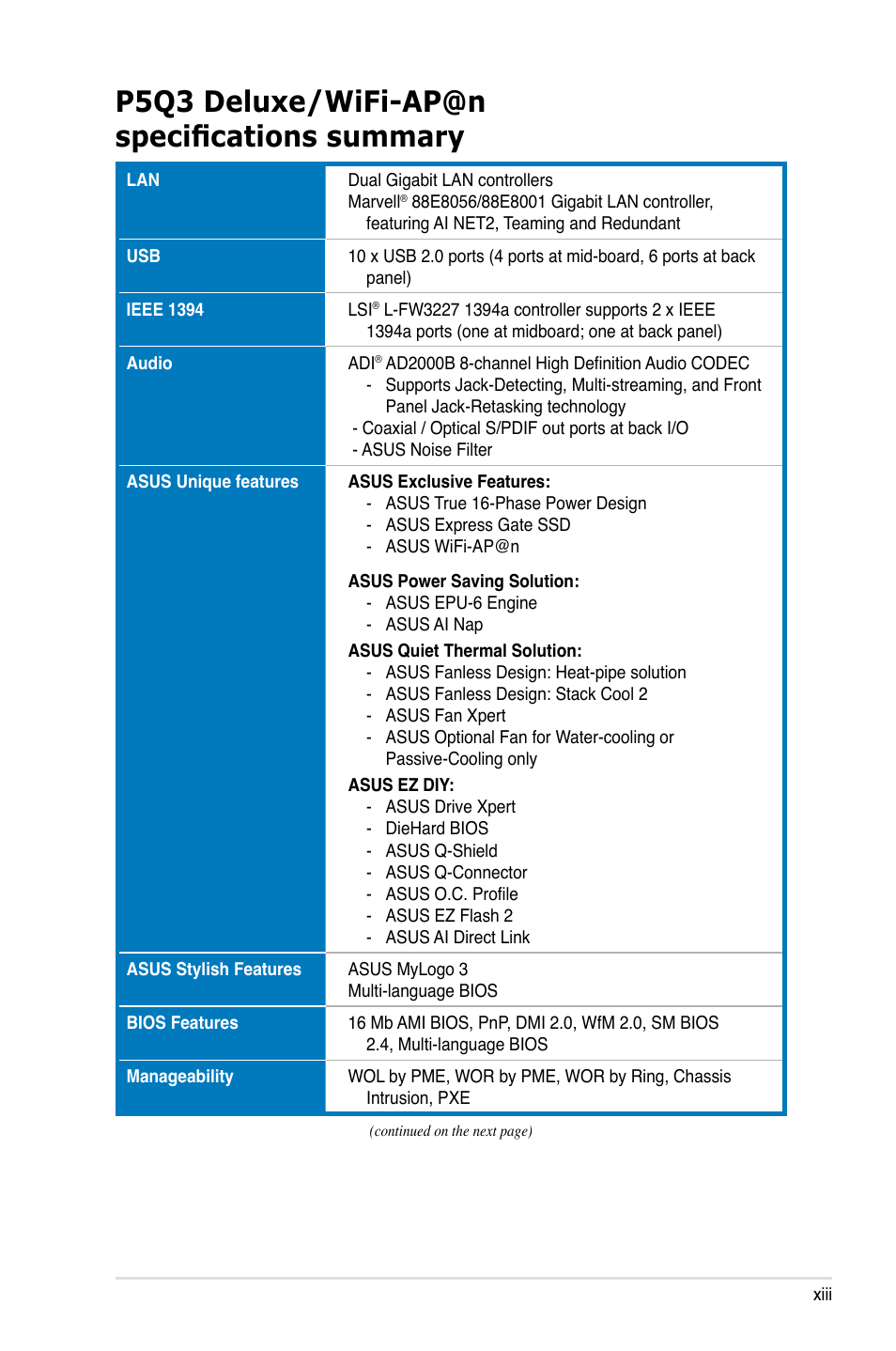 P5q3 deluxe/wifi-ap@n specifications summary | Asus P5Q3 Deluxe/WiFi-AP @n User Manual | Page 13 / 190