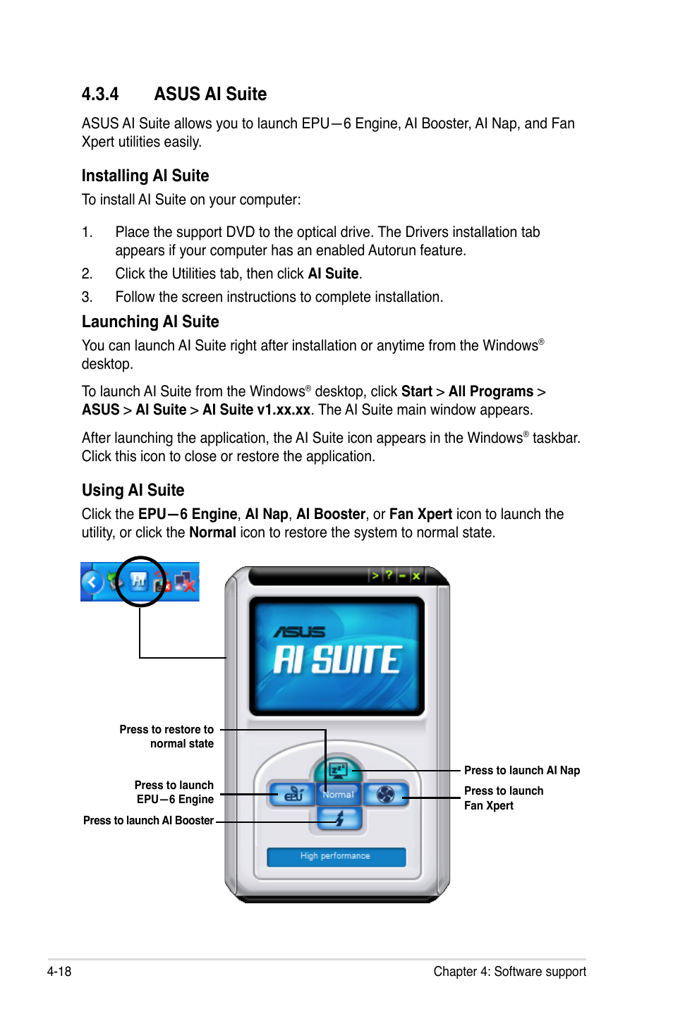 4 asus ai suite, 4 asus ai suite -18, Installing ai suite | Launching ai suite, Using ai suite | Asus P5Q3 Deluxe/WiFi-AP @n User Manual | Page 132 / 190