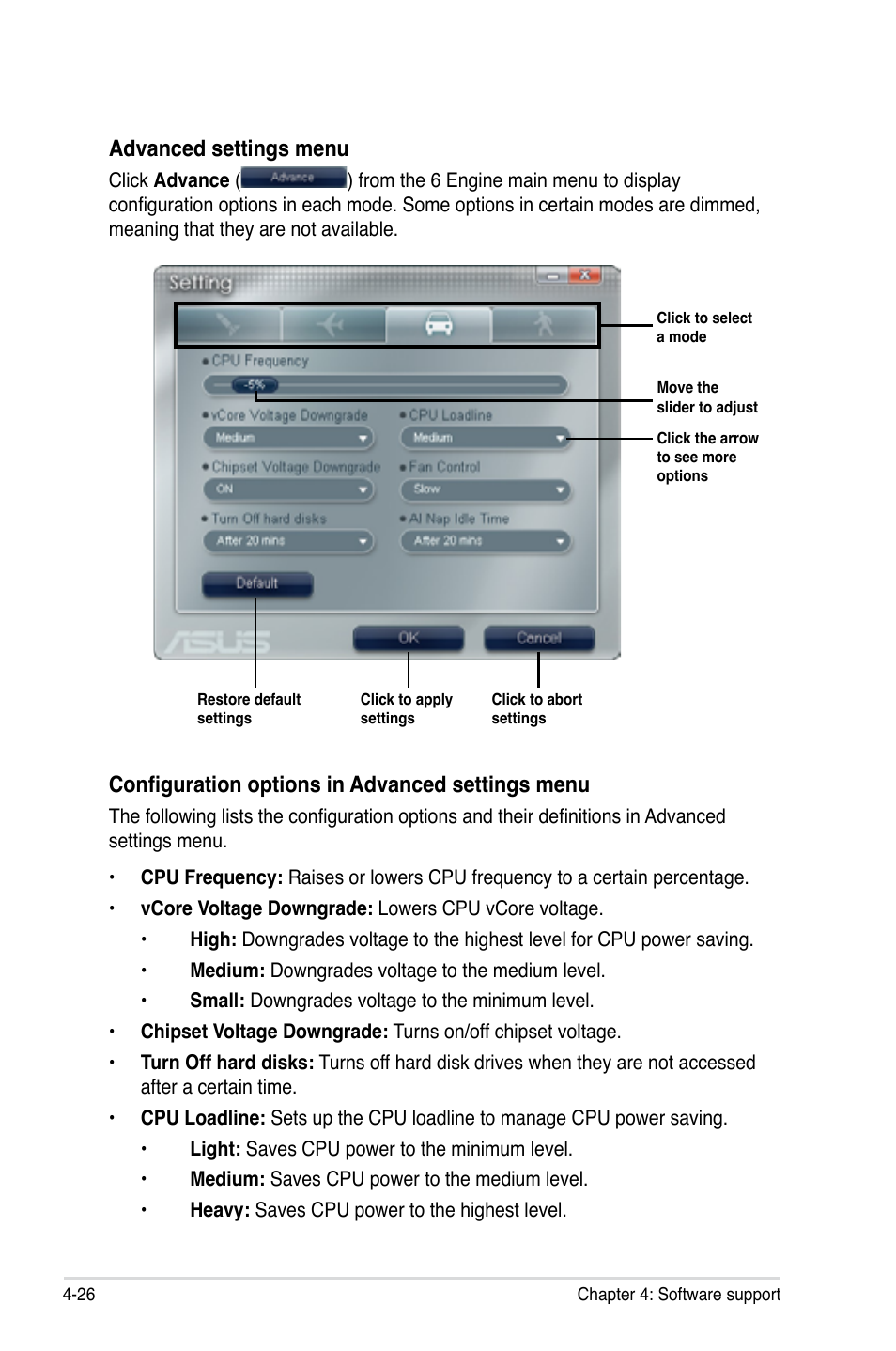 Advanced settings menu, Configuration options in advanced settings menu | Asus P5Q3 Deluxe/WiFi-AP @n User Manual | Page 140 / 190