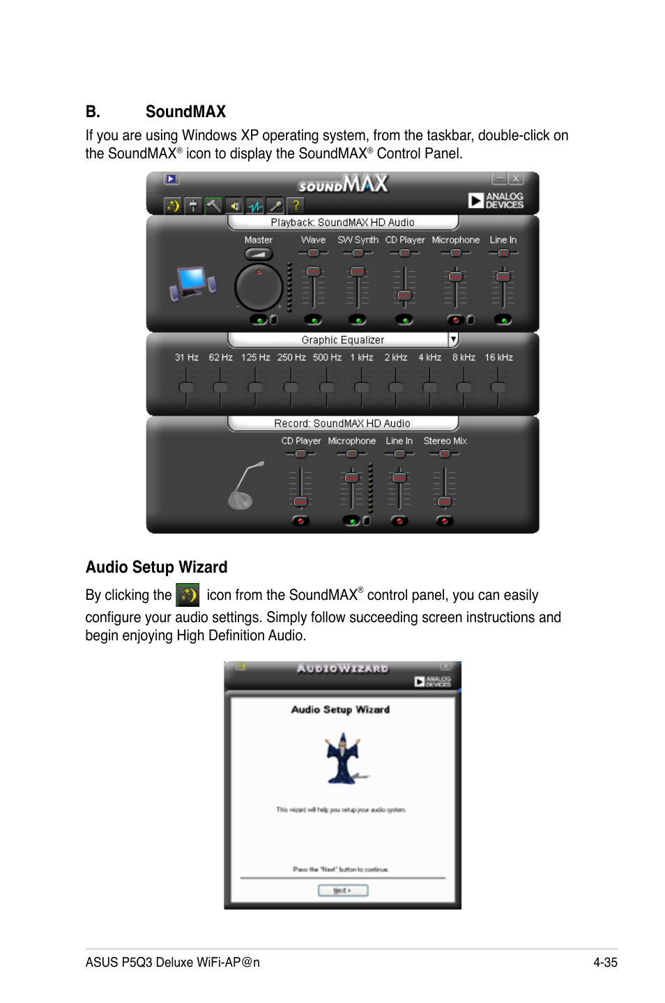 Audio setup wizard, B. soundmax | Asus P5Q3 Deluxe/WiFi-AP @n User Manual | Page 149 / 190