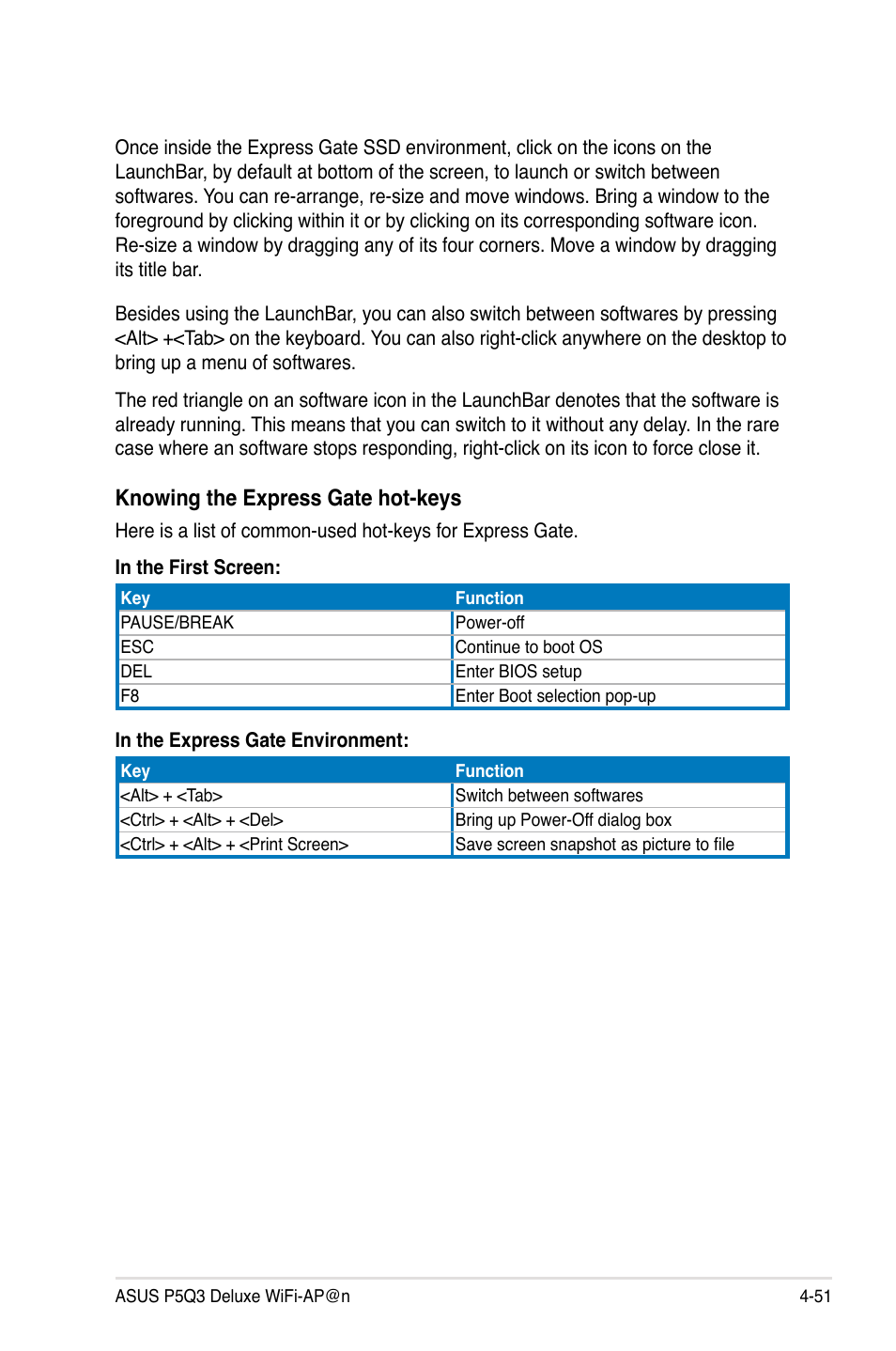 Knowing the express gate hot-keys | Asus P5Q3 Deluxe/WiFi-AP @n User Manual | Page 165 / 190