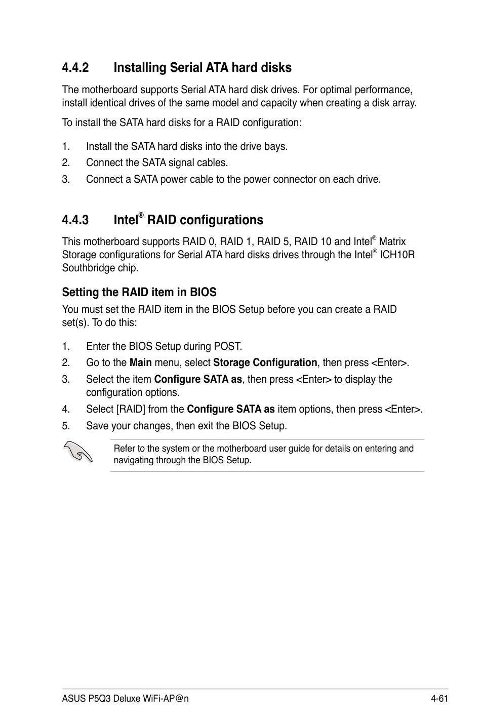 2 installing serial ata hard disks, 3 intel® raid configurations, Installing serial ata hard disks -61 | Intel, Raid configurations -61, 3 intel, Raid configurations | Asus P5Q3 Deluxe/WiFi-AP @n User Manual | Page 175 / 190
