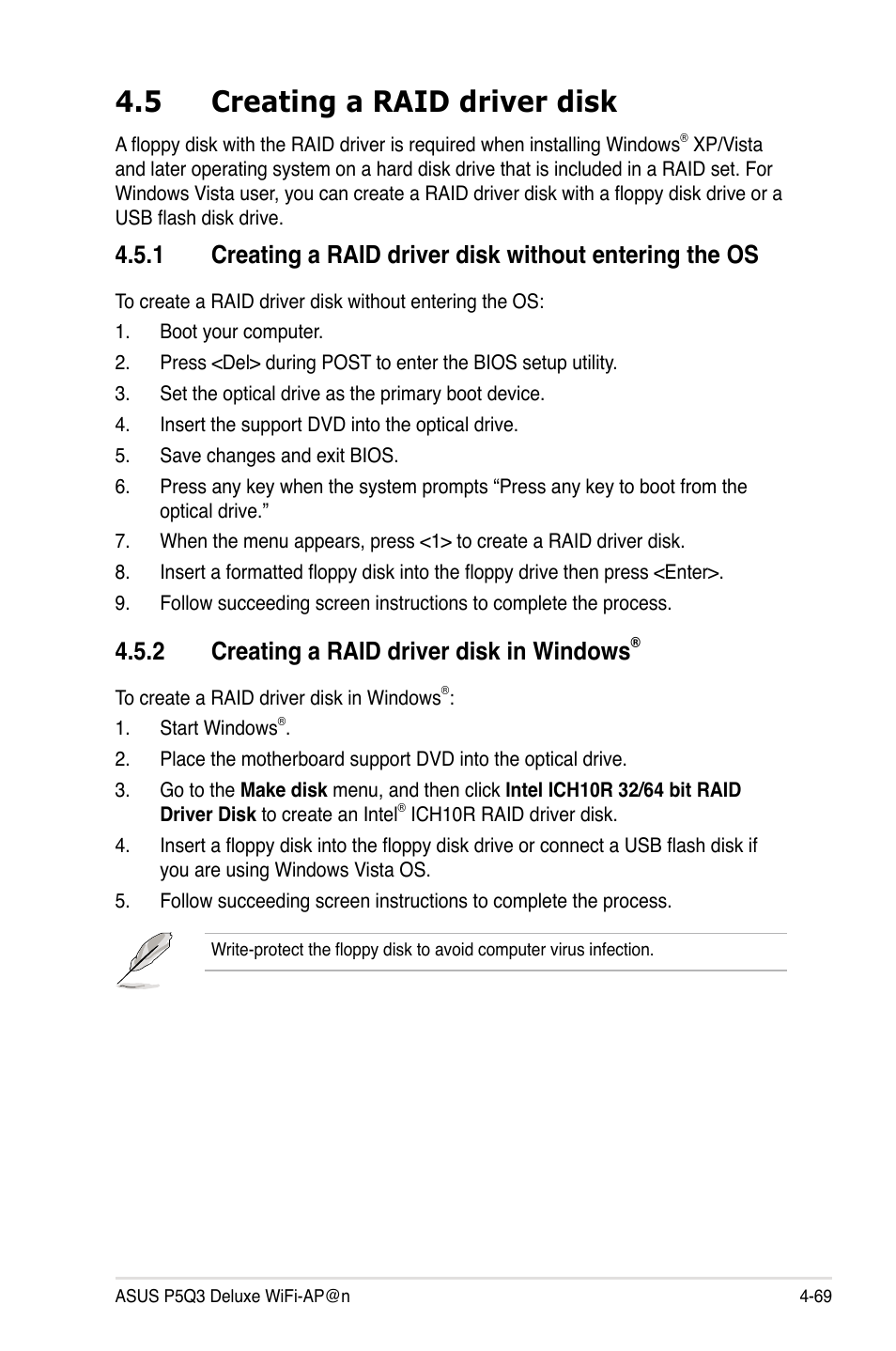 5 creating a raid driver disk, 2 creating a raid driver disk in windows, Creating a raid driver disk -69 4.5.1 | Creating a raid driver disk in windows | Asus P5Q3 Deluxe/WiFi-AP @n User Manual | Page 183 / 190