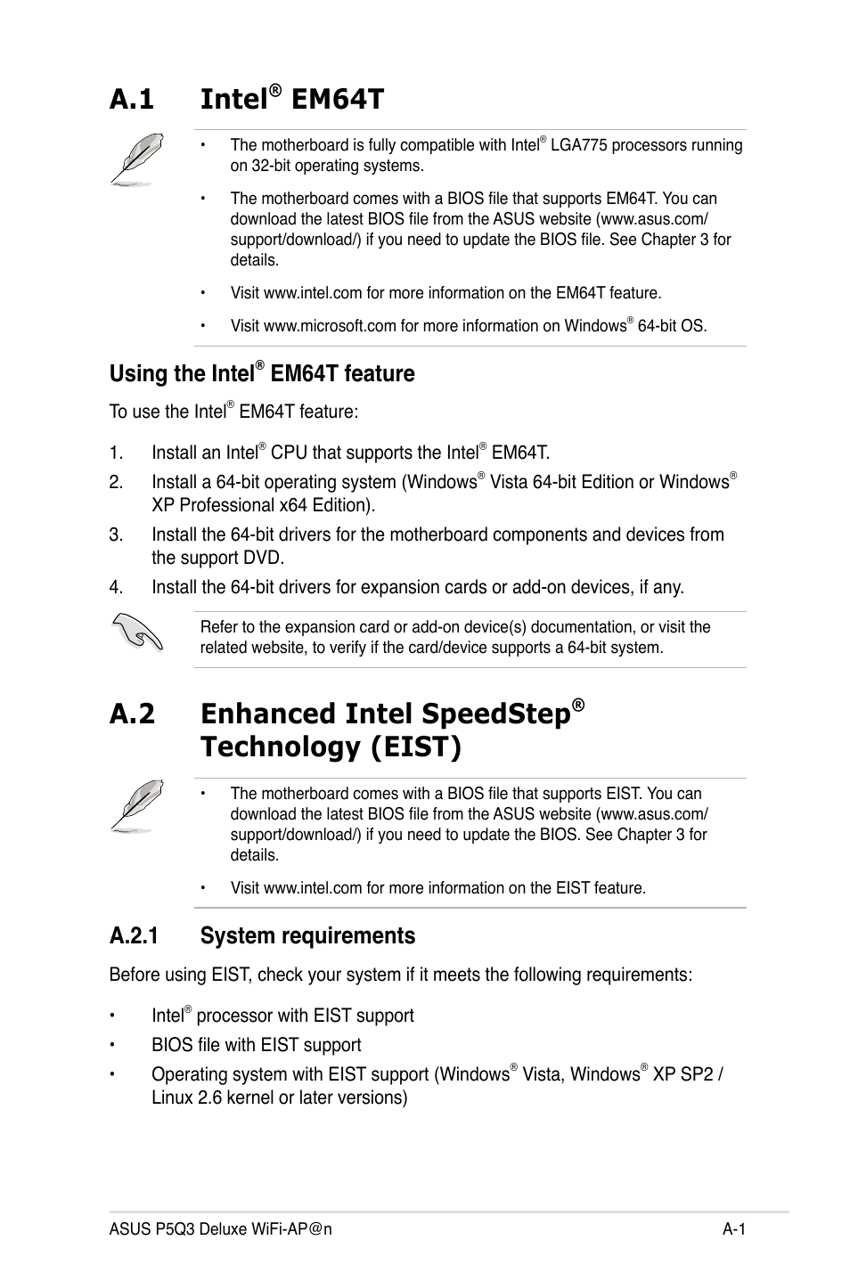 A.1 intel® em64t, Using the intel® em64t feature, A.2 enhanced intel speedstep® technology (eist) | A.2.1 system requirements, Intel, Using the intel, Enhanced intel speedstep, Technology (eist) ........................a-1, A.2.1, A.1 intel | Asus P5Q3 Deluxe/WiFi-AP @n User Manual | Page 187 / 190
