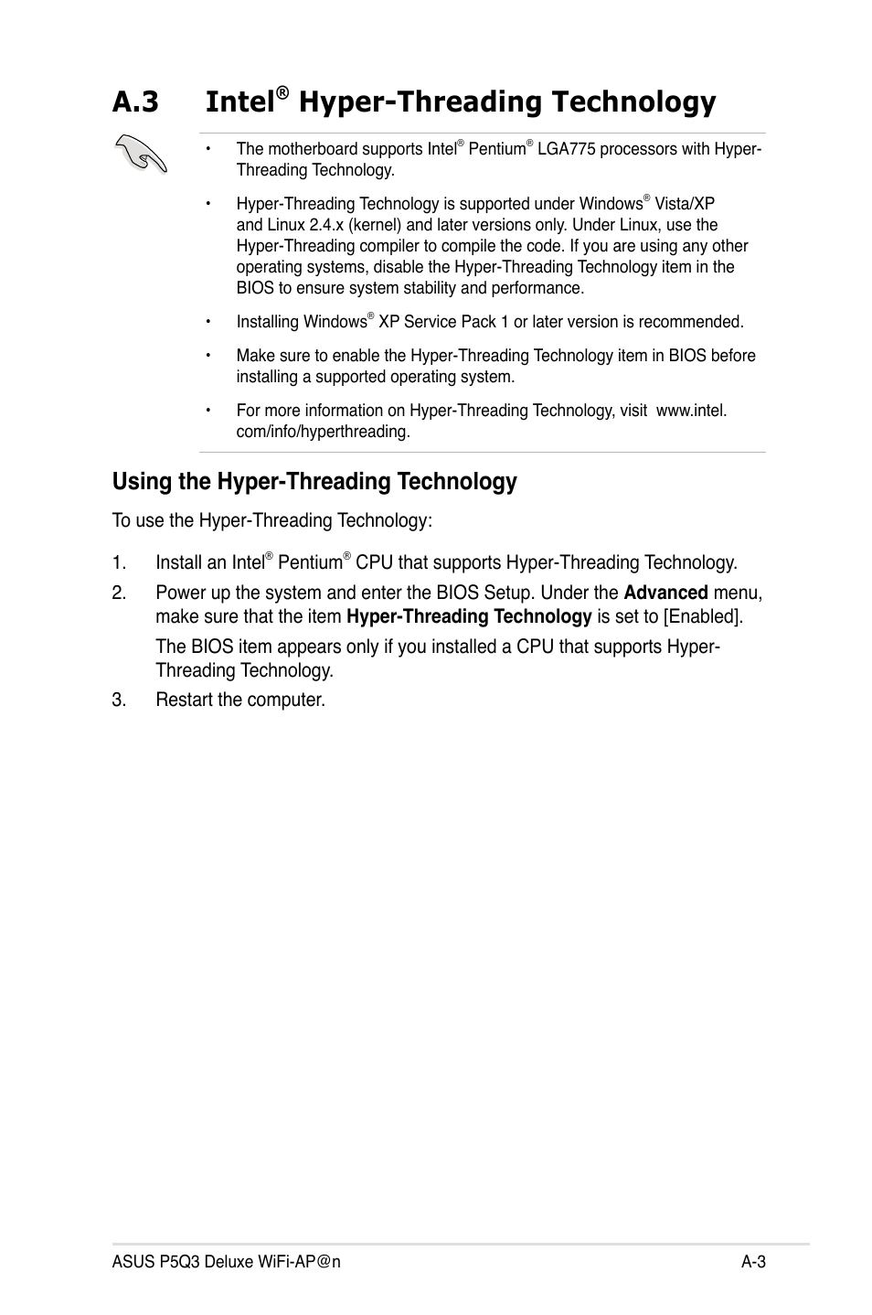 A.3 intel® hyper-threading technology, Using the hyper-threading technology, Intel | A.3 intel, Hyper-threading technology | Asus P5Q3 Deluxe/WiFi-AP @n User Manual | Page 189 / 190