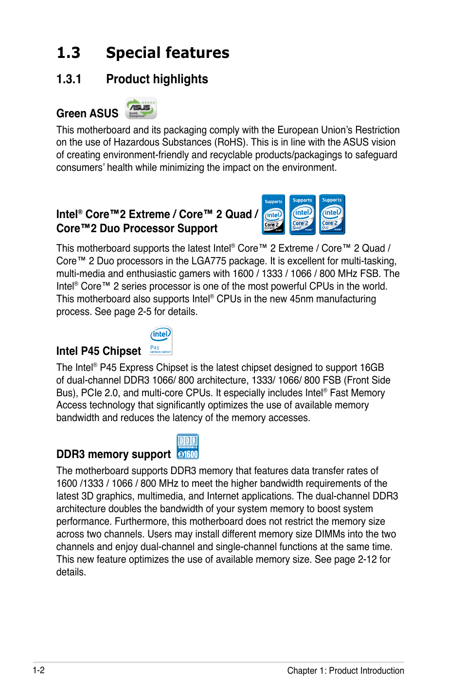 3 special features, 1 product highlights, Special features -2 1.3.1 | Product highlights -2 | Asus P5Q3 Deluxe/WiFi-AP @n User Manual | Page 20 / 190