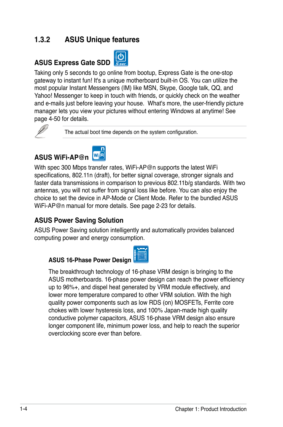 2 asus unique features, Asus unique features -4 | Asus P5Q3 Deluxe/WiFi-AP @n User Manual | Page 22 / 190
