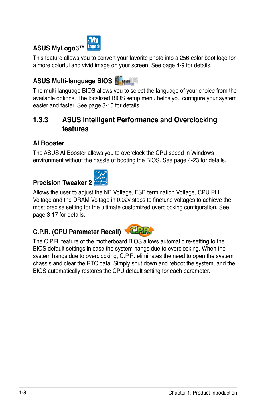 Asus intelligent performance and, Overclocking features -8 | Asus P5Q3 Deluxe/WiFi-AP @n User Manual | Page 26 / 190