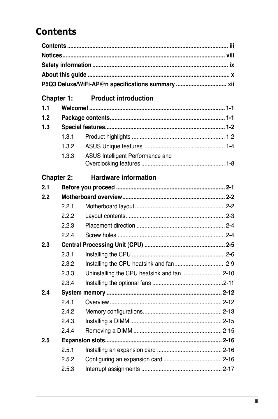 Asus P5Q3 Deluxe/WiFi-AP @n User Manual | Page 3 / 190