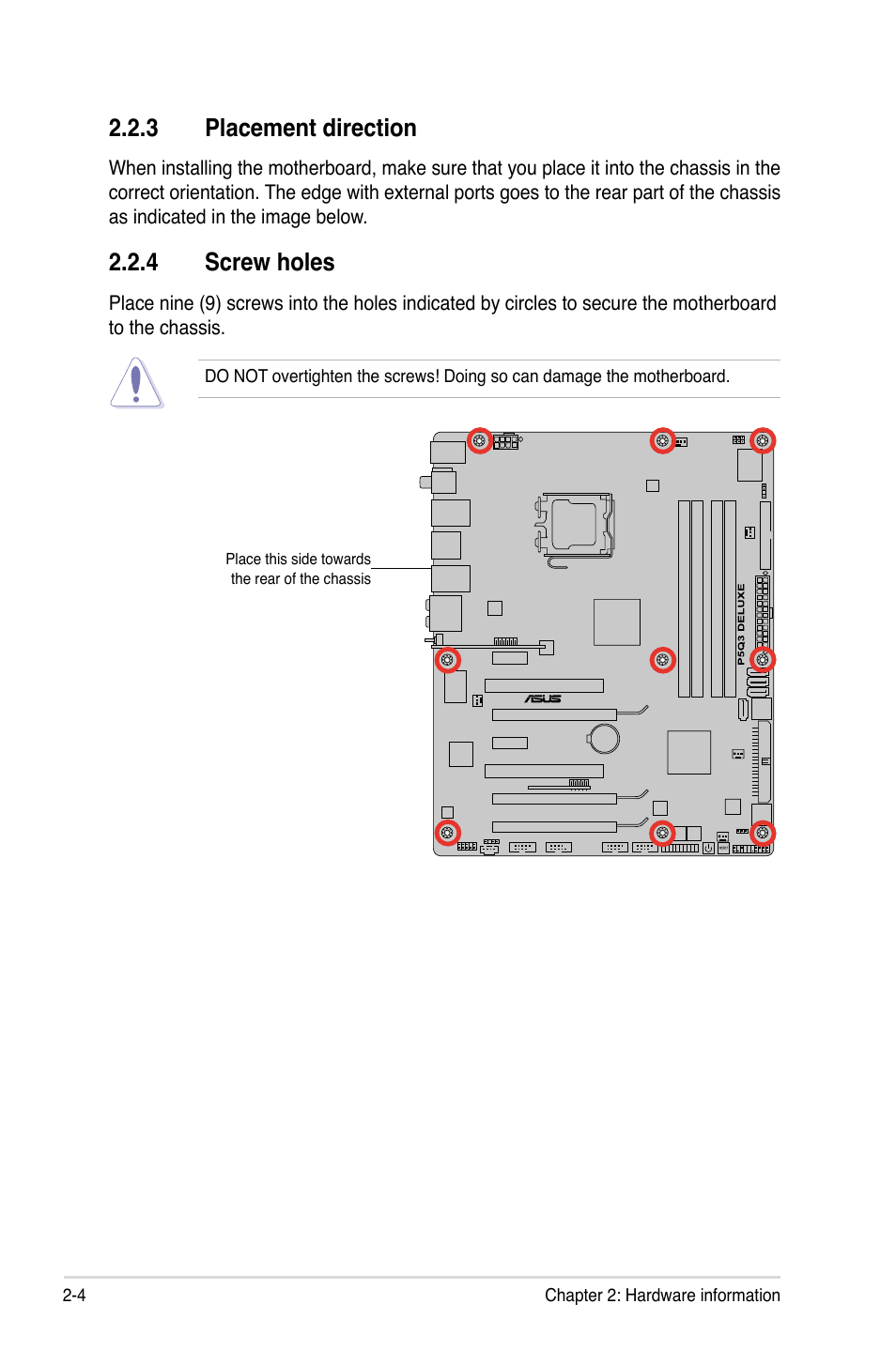 3 placement direction, 4 screw holes, Placement direction -4 | Screw holes -4 | Asus P5Q3 Deluxe/WiFi-AP @n User Manual | Page 32 / 190