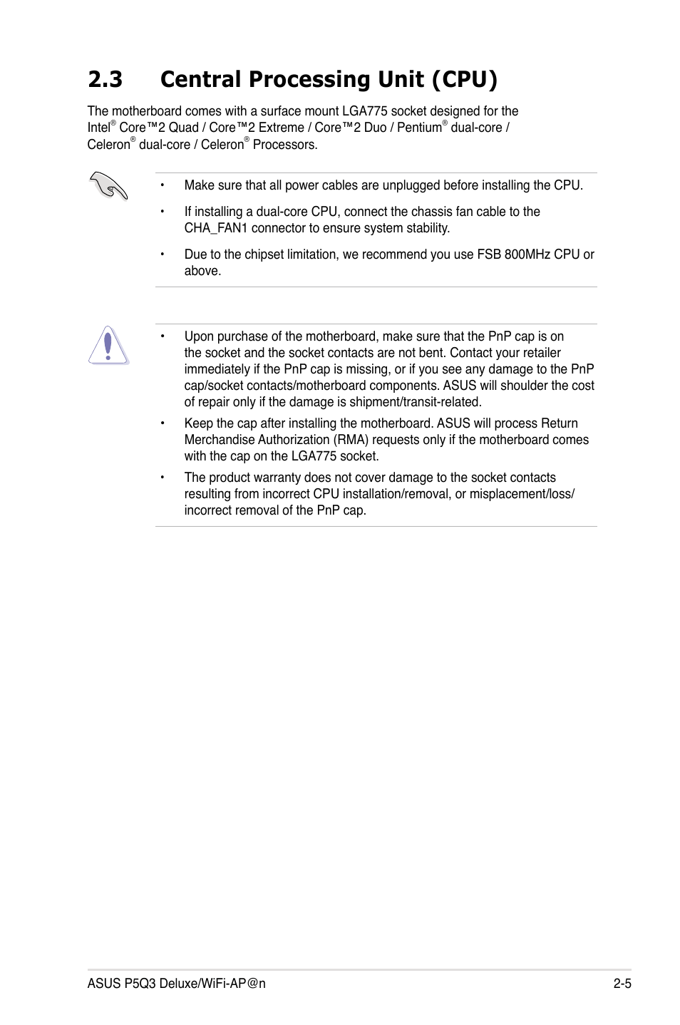 3 central processing unit (cpu), Central processing unit (cpu) -5 | Asus P5Q3 Deluxe/WiFi-AP @n User Manual | Page 33 / 190