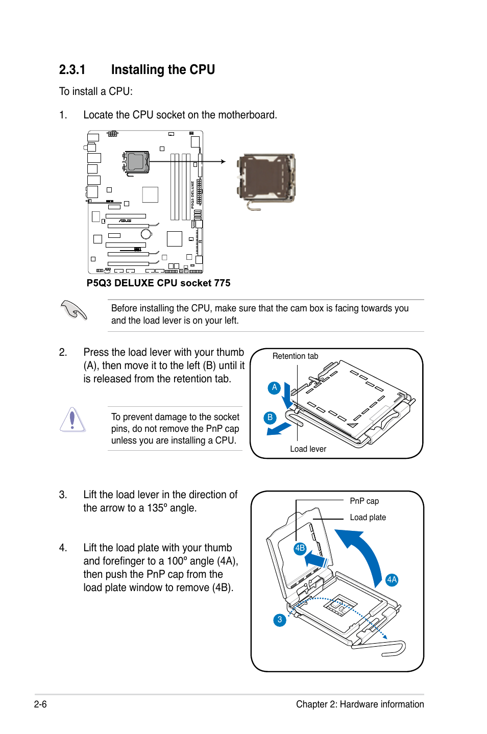 1 installing the cpu, Installing the cpu -6 | Asus P5Q3 Deluxe/WiFi-AP @n User Manual | Page 34 / 190