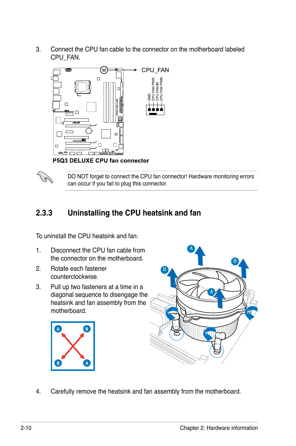 3 uninstalling the cpu heatsink and fan, Uninstalling the cpu heatsink and fan -10 | Asus P5Q3 Deluxe/WiFi-AP @n User Manual | Page 38 / 190