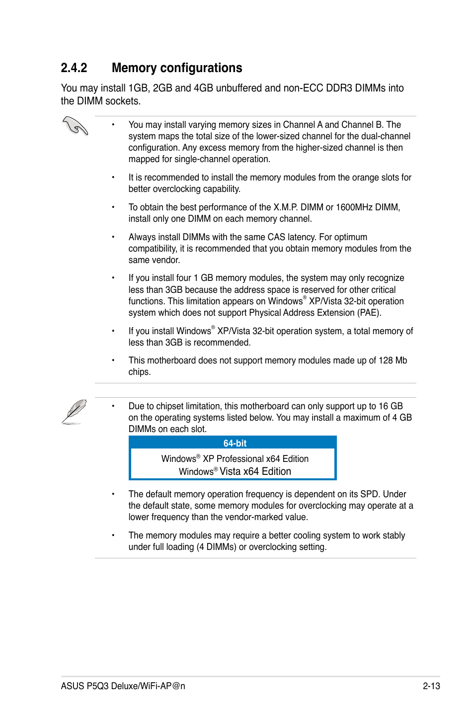 2 memory configurations, Memory configurations -13 | Asus P5Q3 Deluxe/WiFi-AP @n User Manual | Page 41 / 190
