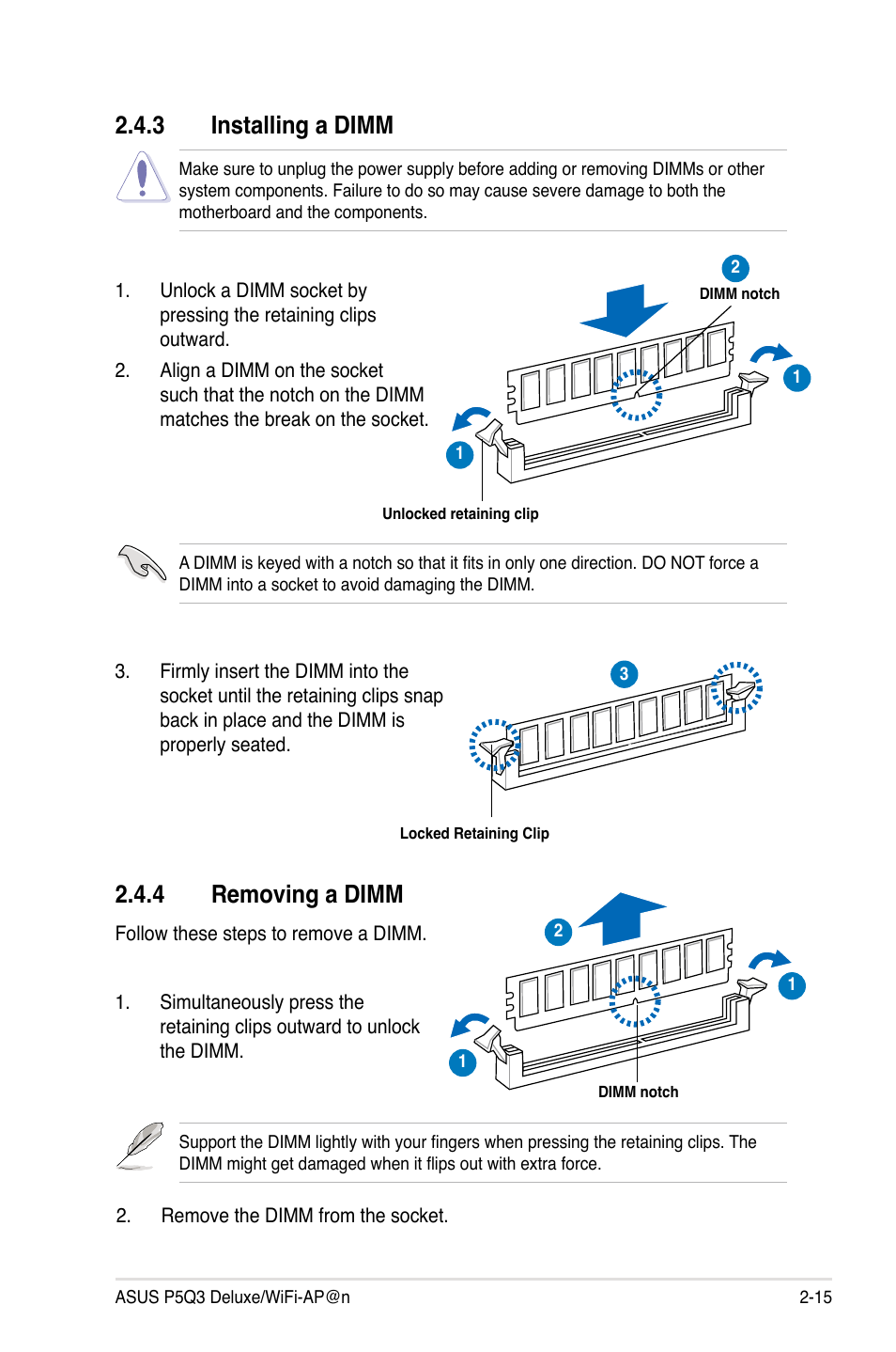 3 installing a dimm, 4 removing a dimm, Installing a dimm -15 | Removing a dimm -15 | Asus P5Q3 Deluxe/WiFi-AP @n User Manual | Page 43 / 190