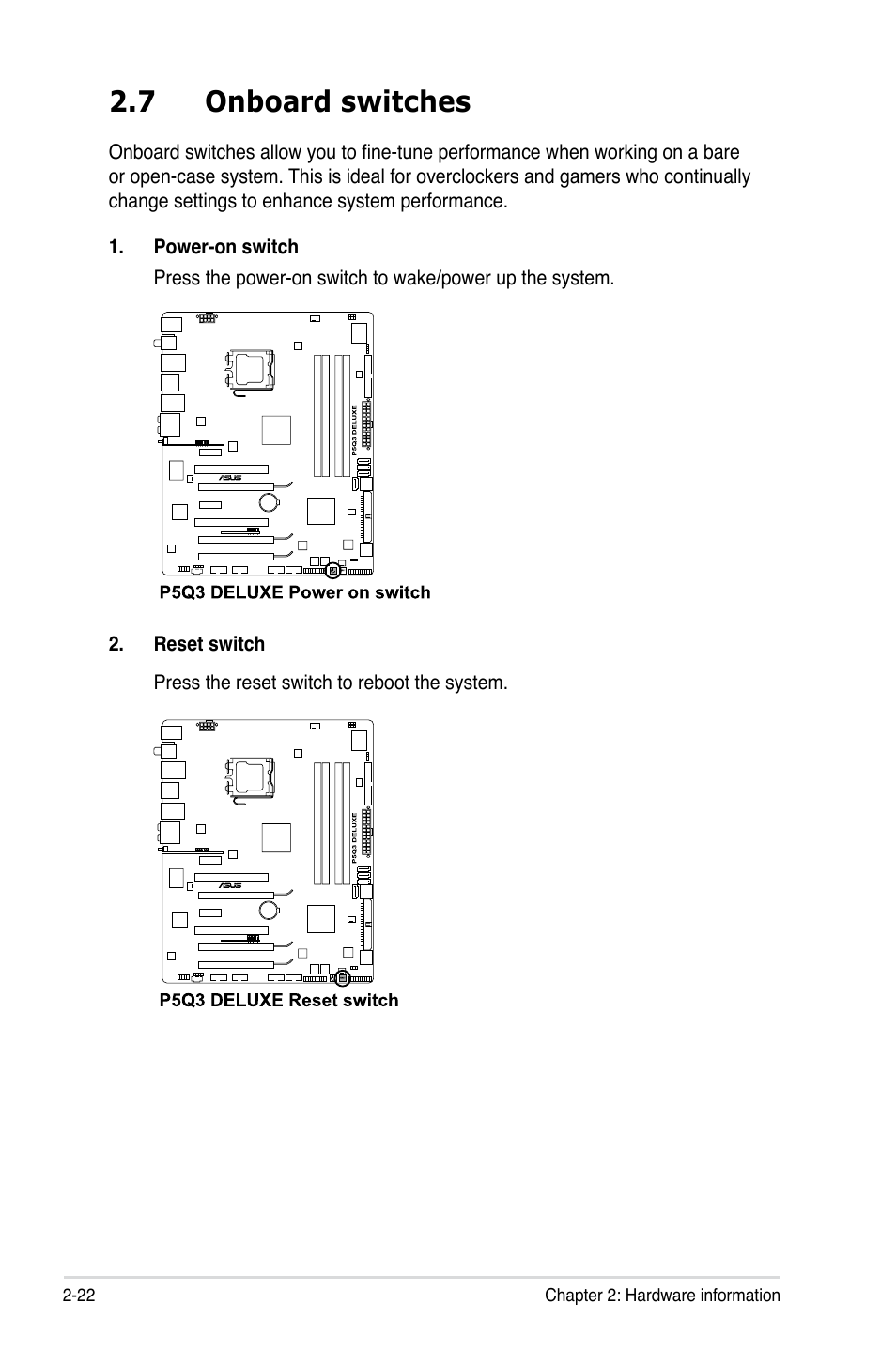 7 onboard switches, Onboard switches -22 | Asus P5Q3 Deluxe/WiFi-AP @n User Manual | Page 50 / 190