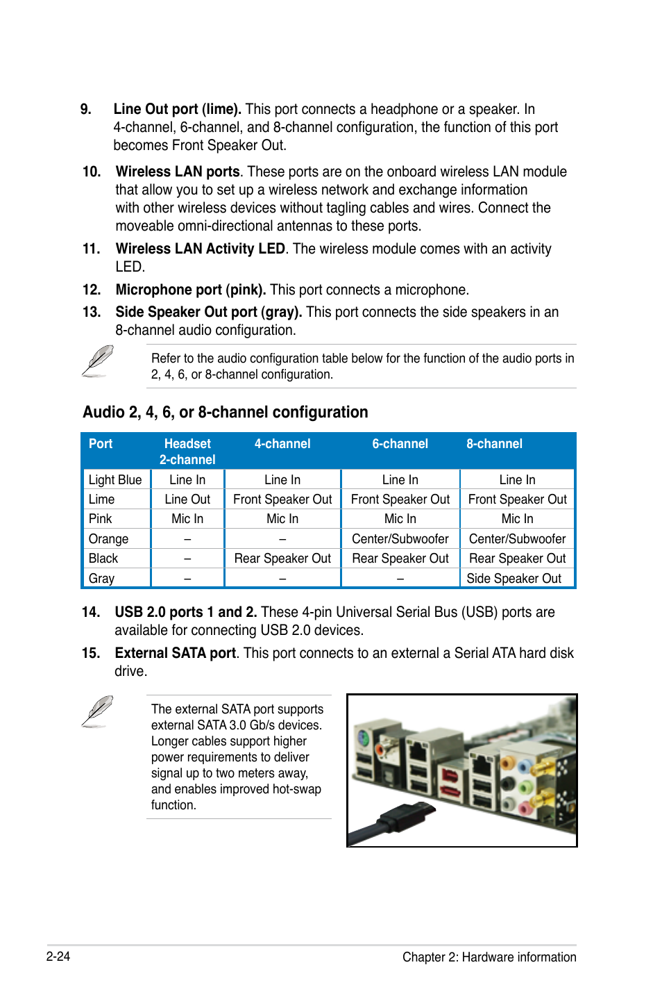 Audio 2, 4, 6, or 8-channel configuration | Asus P5Q3 Deluxe/WiFi-AP @n User Manual | Page 52 / 190