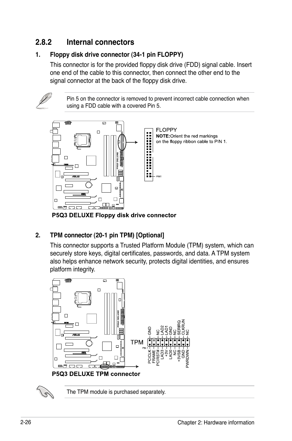 2 internal connectors, Internal connectors -26 | Asus P5Q3 Deluxe/WiFi-AP @n User Manual | Page 54 / 190