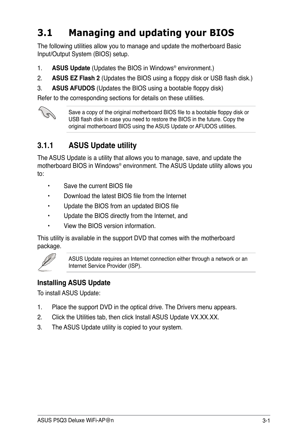 1 managing and updating your bios, 1 asus update utility, Managing and updating your bios -1 3.1.1 | Asus update utility -1 | Asus P5Q3 Deluxe/WiFi-AP @n User Manual | Page 71 / 190