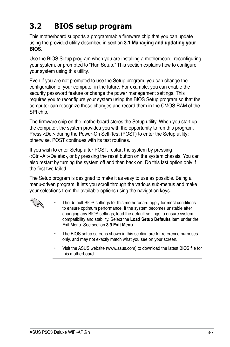 2 bios setup program, Bios setup program -7 | Asus P5Q3 Deluxe/WiFi-AP @n User Manual | Page 77 / 190