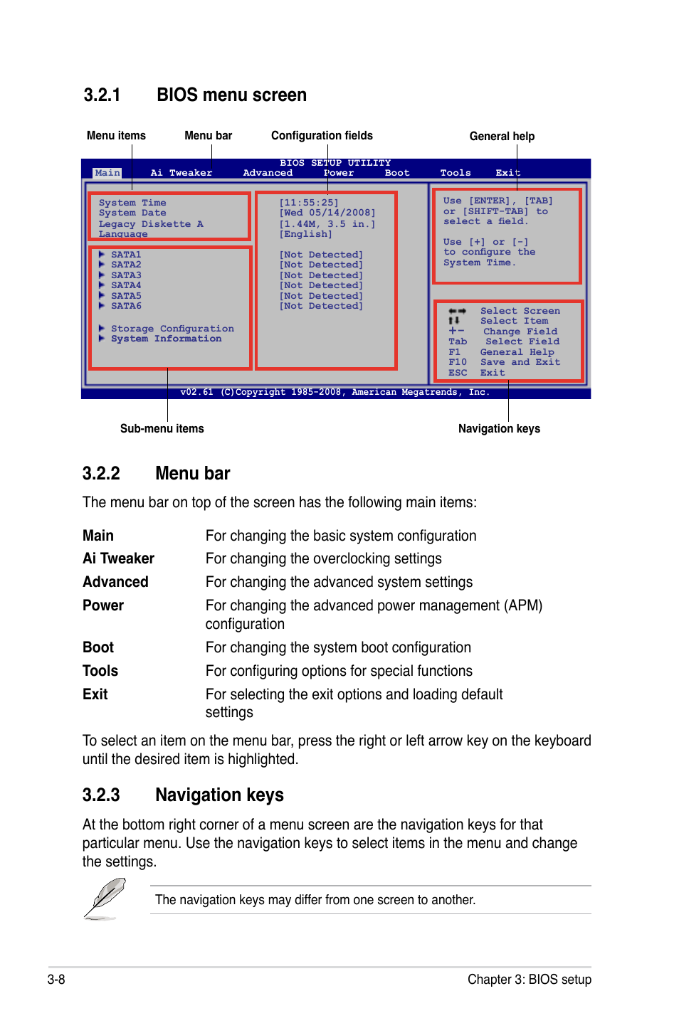 1 bios menu screen, 2 menu bar, 3 navigation keys | Bios menu screen -8, Menu bar -8, Navigation keys -8 | Asus P5Q3 Deluxe/WiFi-AP @n User Manual | Page 78 / 190