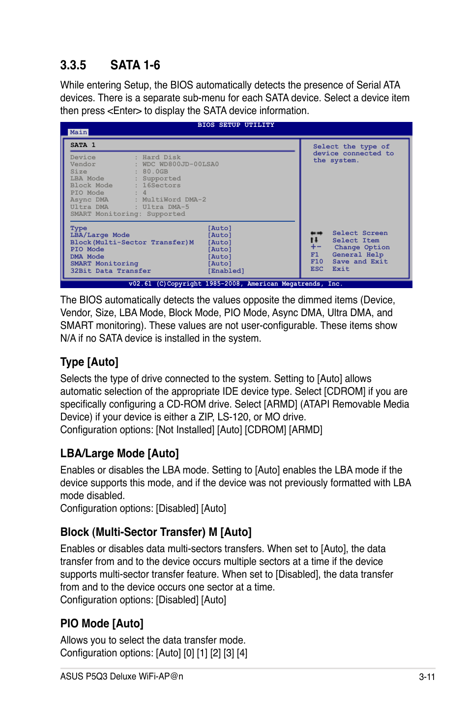 5 sata 1-6, Sata 1-6 -11, Type [auto | Lba/large mode [auto, Block (multi-sector transfer) m [auto, Pio mode [auto | Asus P5Q3 Deluxe/WiFi-AP @n User Manual | Page 81 / 190