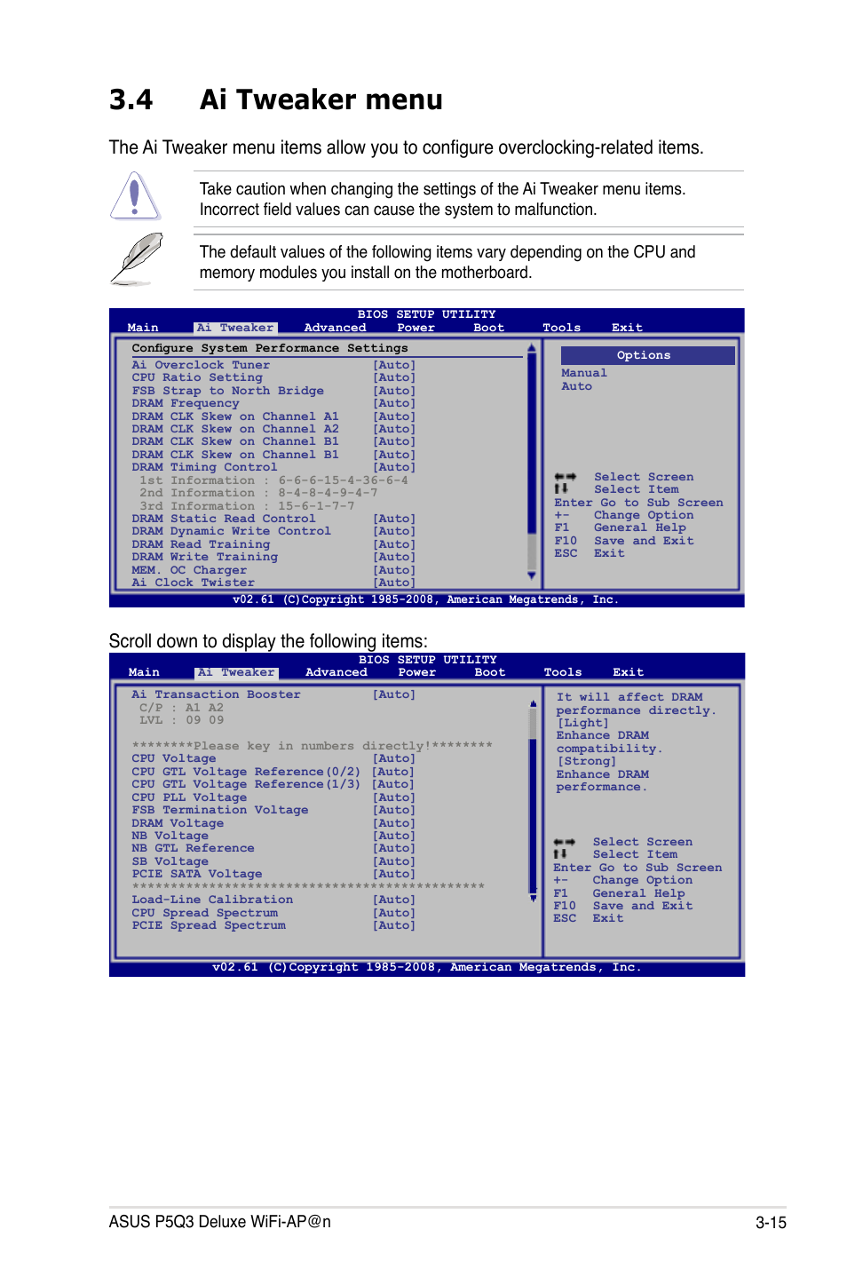 4 ai tweaker menu, Ai tweaker menu -15, Scroll down to display the following items | Asus P5Q3 Deluxe/WiFi-AP @n User Manual | Page 85 / 190