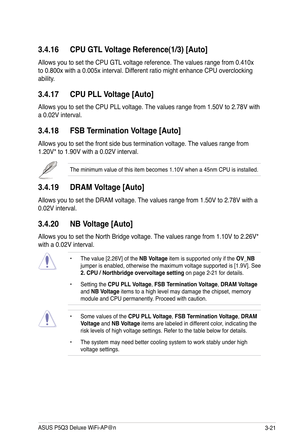 16 cpu gtl voltage reference(1/3) [auto, 17 cpu pll voltage [auto, 18 fsb termination voltage [auto | 19 dram voltage [auto, 20 nb voltage [auto | Asus P5Q3 Deluxe/WiFi-AP @n User Manual | Page 91 / 190