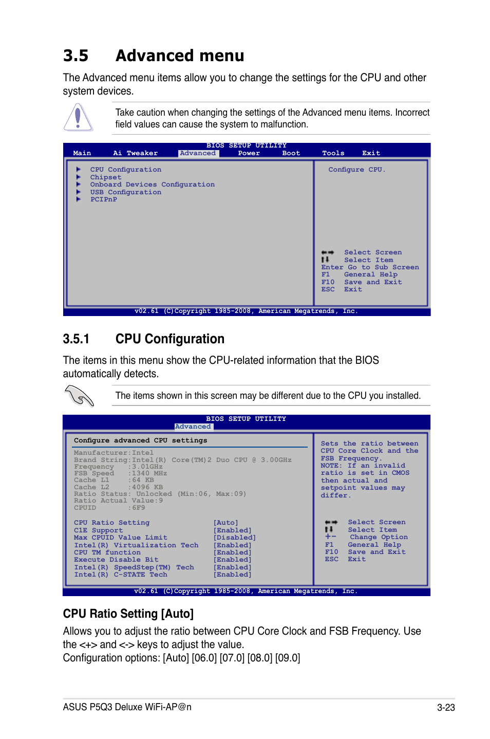 5 advanced menu, 1 cpu configuration, Advanced menu -23 3.5.1 | Cpu configuration -23, Cpu ratio setting [auto | Asus P5Q3 Deluxe/WiFi-AP @n User Manual | Page 93 / 190