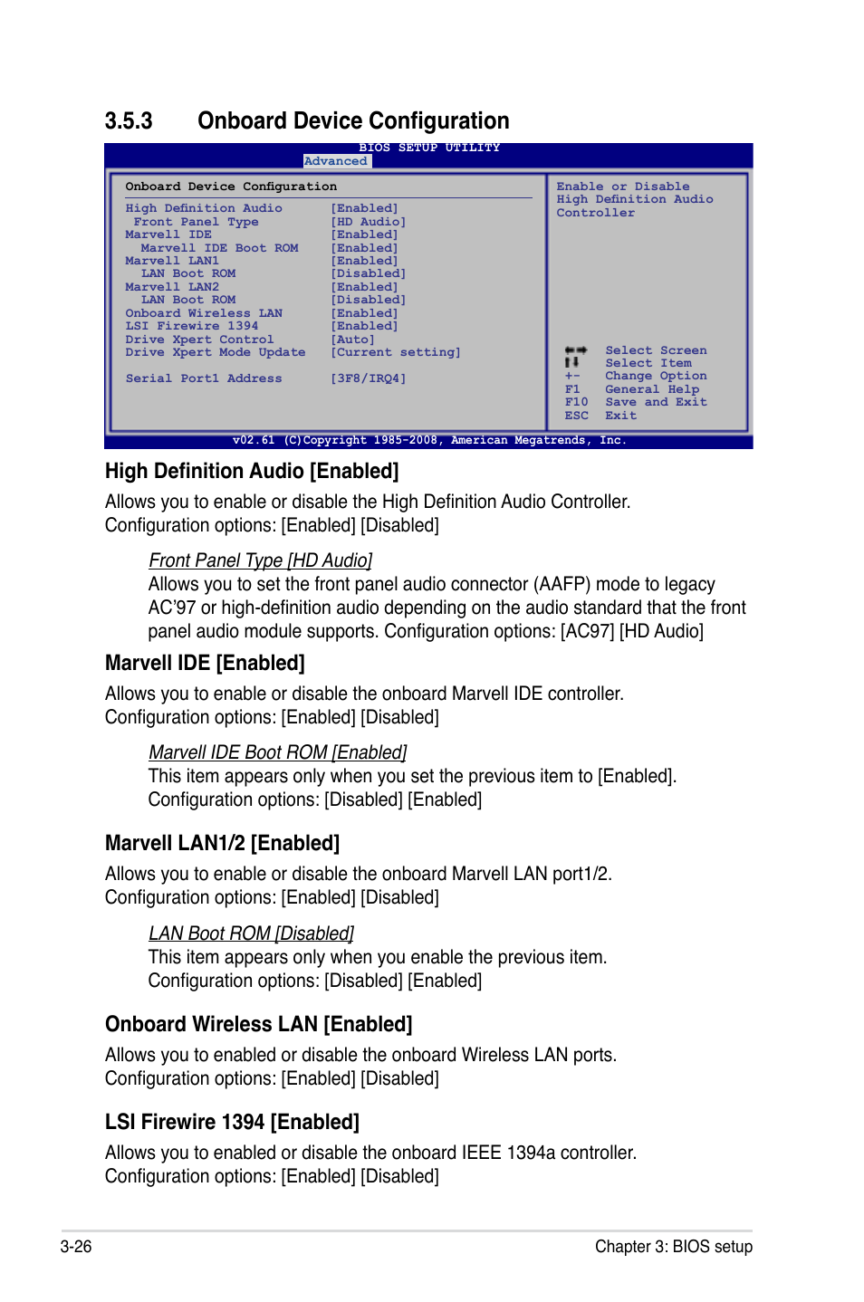 3 onboard device configuration, Onboard device configuration -26, High definition audio [enabled | Marvell ide [enabled, Marveli lan1/2 [enabled, Onboard wireless lan [enabled, Lsi firewire 1394 [enabled | Asus P5Q3 Deluxe/WiFi-AP @n User Manual | Page 96 / 190