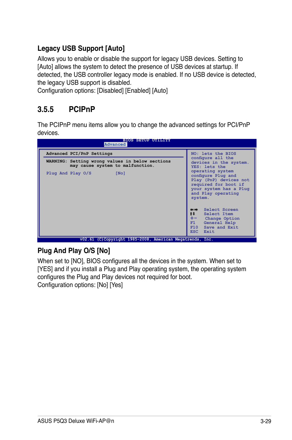 5 pcipnp, Pcipnp -29, Plug and play o/s [no | Legacy usb support [auto | Asus P5Q3 Deluxe/WiFi-AP @n User Manual | Page 99 / 190