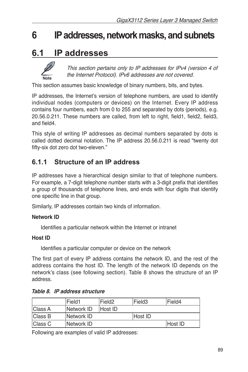 6 ip addresses, network masks, and subnets, 1 ip addresses, 1 structure of an ip address | 6ip addresses, network masks, and subnets | Asus GigaX3112 User Manual | Page 102 / 118