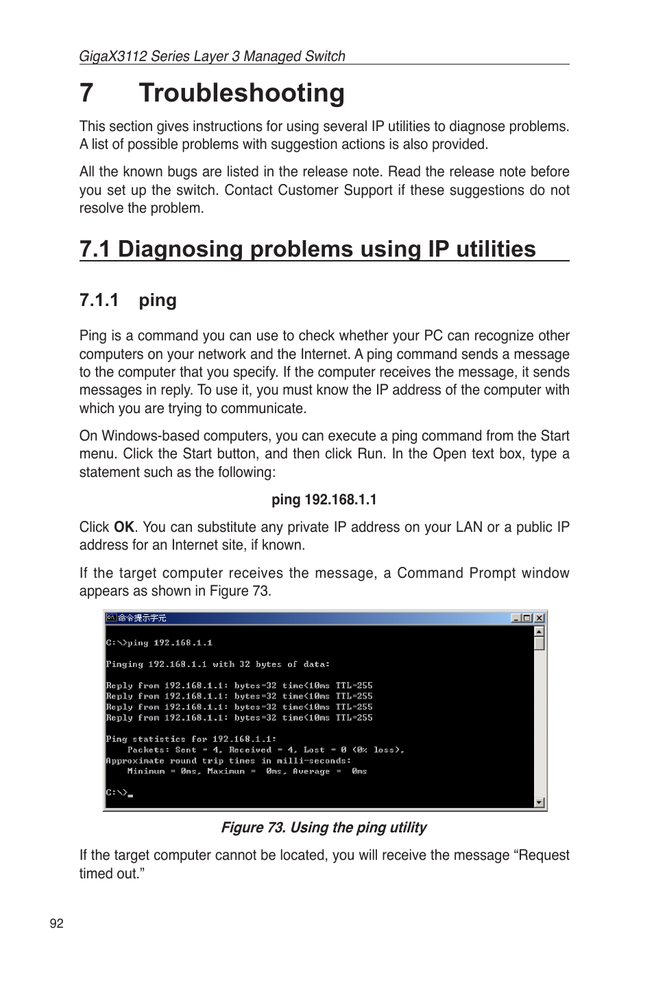 7 troubleshooting, 1 diagnosing problems using ip utilities, 1 ping | 7troubleshooting | Asus GigaX3112 User Manual | Page 105 / 118