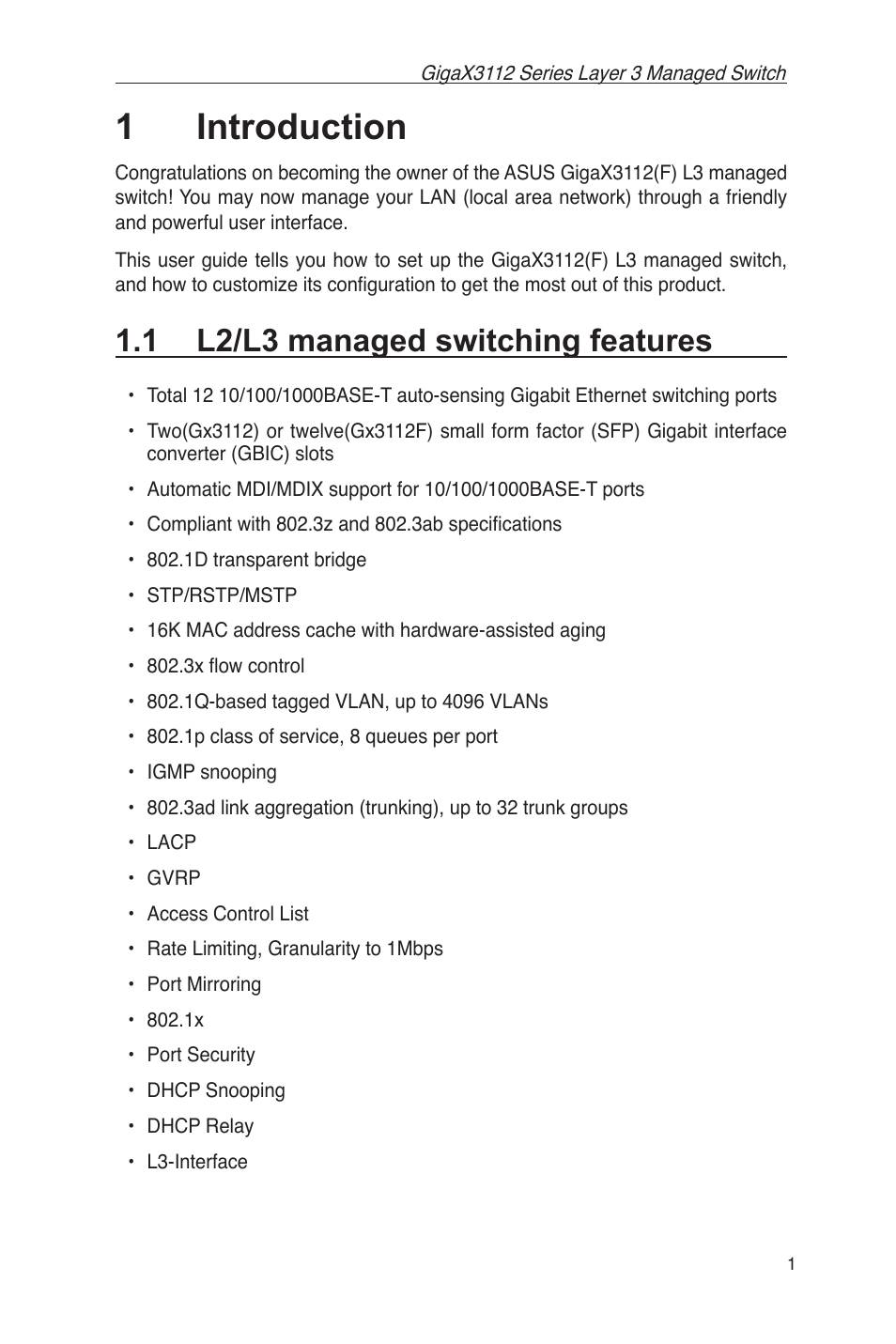 1 introduction, 1 l2/l3 managed switching features, 1introduction | Asus GigaX3112 User Manual | Page 14 / 118