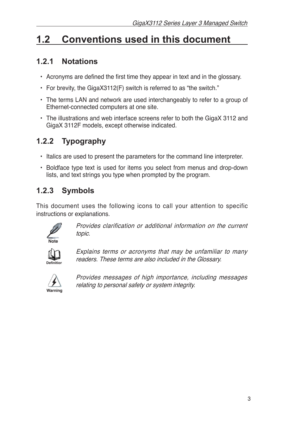 2 conventions used in this document, 1 notations 1.2.2 typography 1.2.3 symbols, 1 notations | 2 typography, 3 symbols | Asus GigaX3112 User Manual | Page 16 / 118