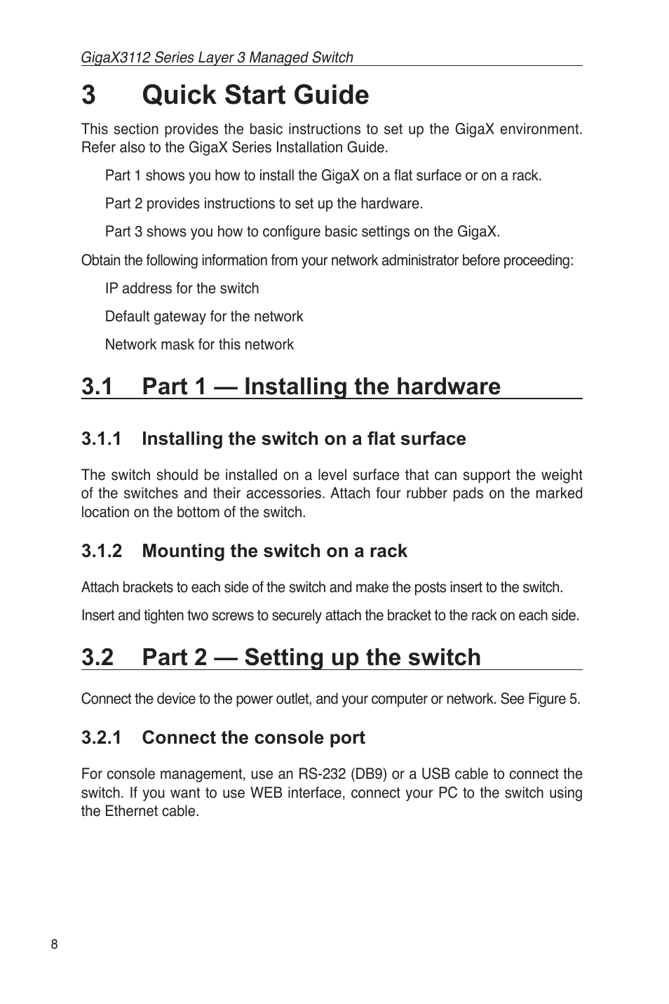 3 quick start guide, 1 part 1 — installing the hardware, 2 part 2 — setting up the switch | 1 connect the console port, 3quick start guide | Asus GigaX3112 User Manual | Page 21 / 118