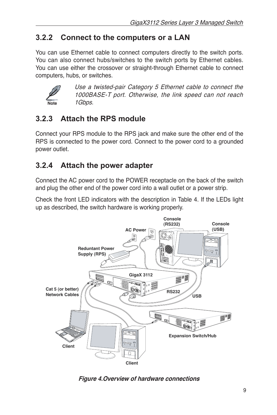 2 connect to the computers or a lan, 3 attach the rps module, 4 attach the power adapter | Figure 4.overview of hardware connections | Asus GigaX3112 User Manual | Page 22 / 118